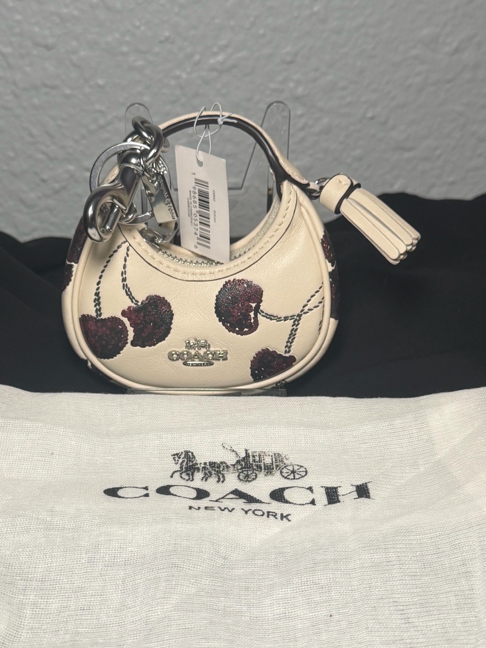 Coach CDB52 Mini Carmen Bag Charm With Cherry Print SV/Chalk NWT + Dust Bag